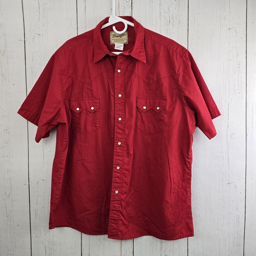 Wrangler Western Pearl Snap Men XL Red Short Sleeve Pearl Snap Cowboy Americana